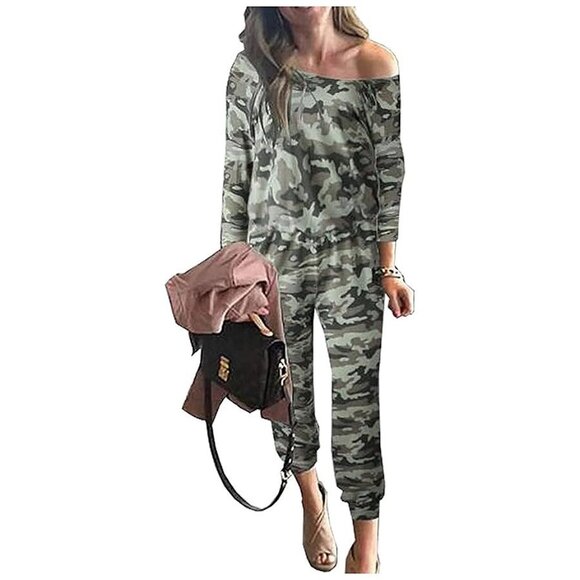 Women's Casual Long Sleeve Jumpsuit Crewneck One Off Shoulder Camo
